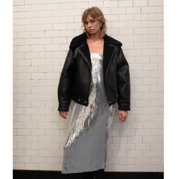 Oak + Fort Sequin Tube Midi Dress Silver NWT Size XS - Picture 3 of 14